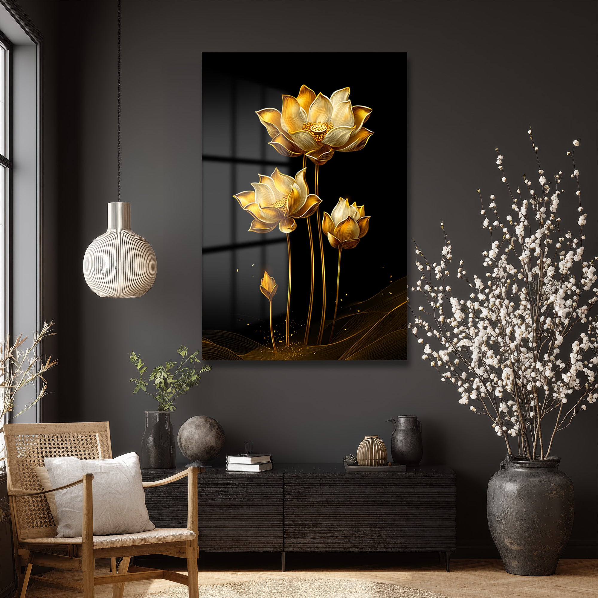 Altın Lotus Zarafeti: Siyah Fonlu Modern Temperli Cam Tablo