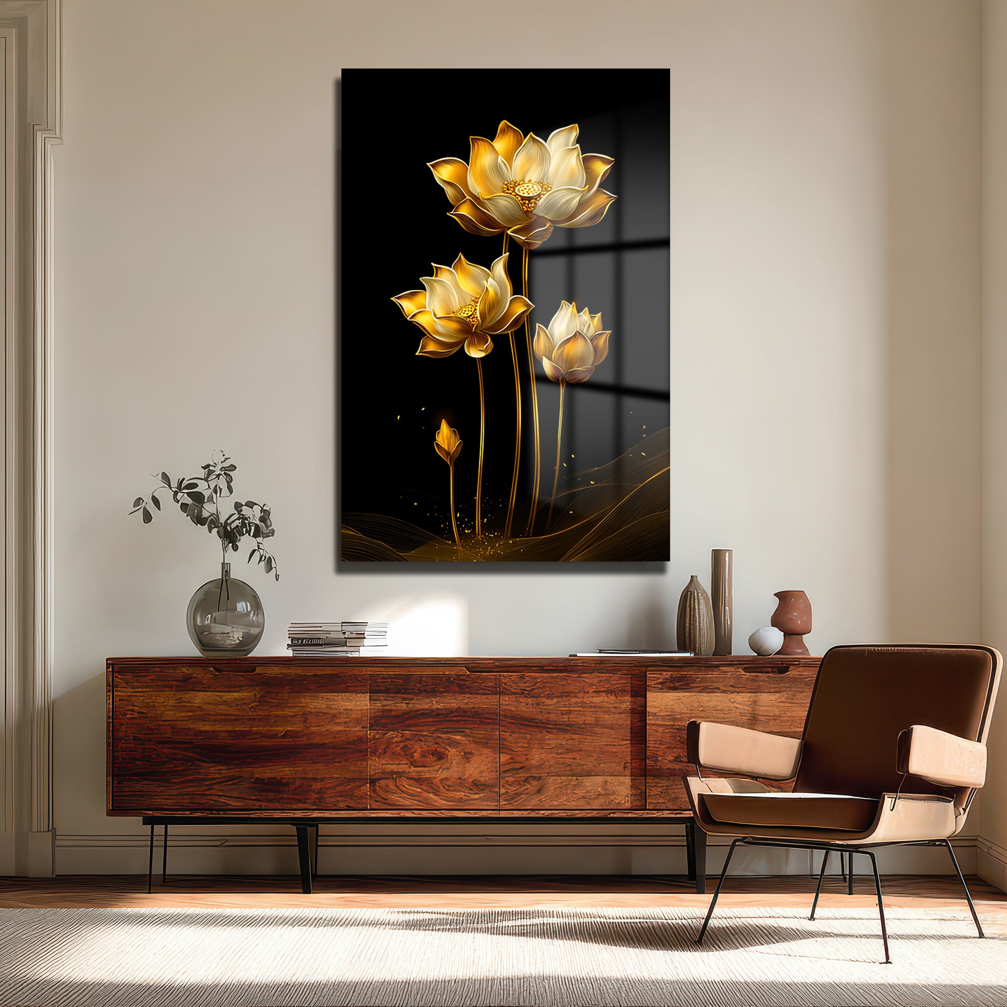 Altın Lotus Zarafeti: Siyah Fonlu Modern Temperli Cam Tablo