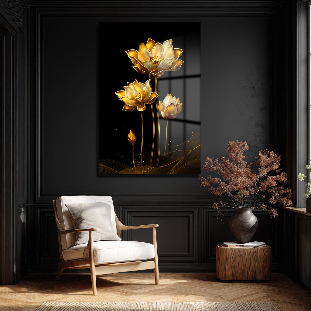 Altın Lotus Zarafeti: Siyah Fonlu Modern Temperli Cam Tablo