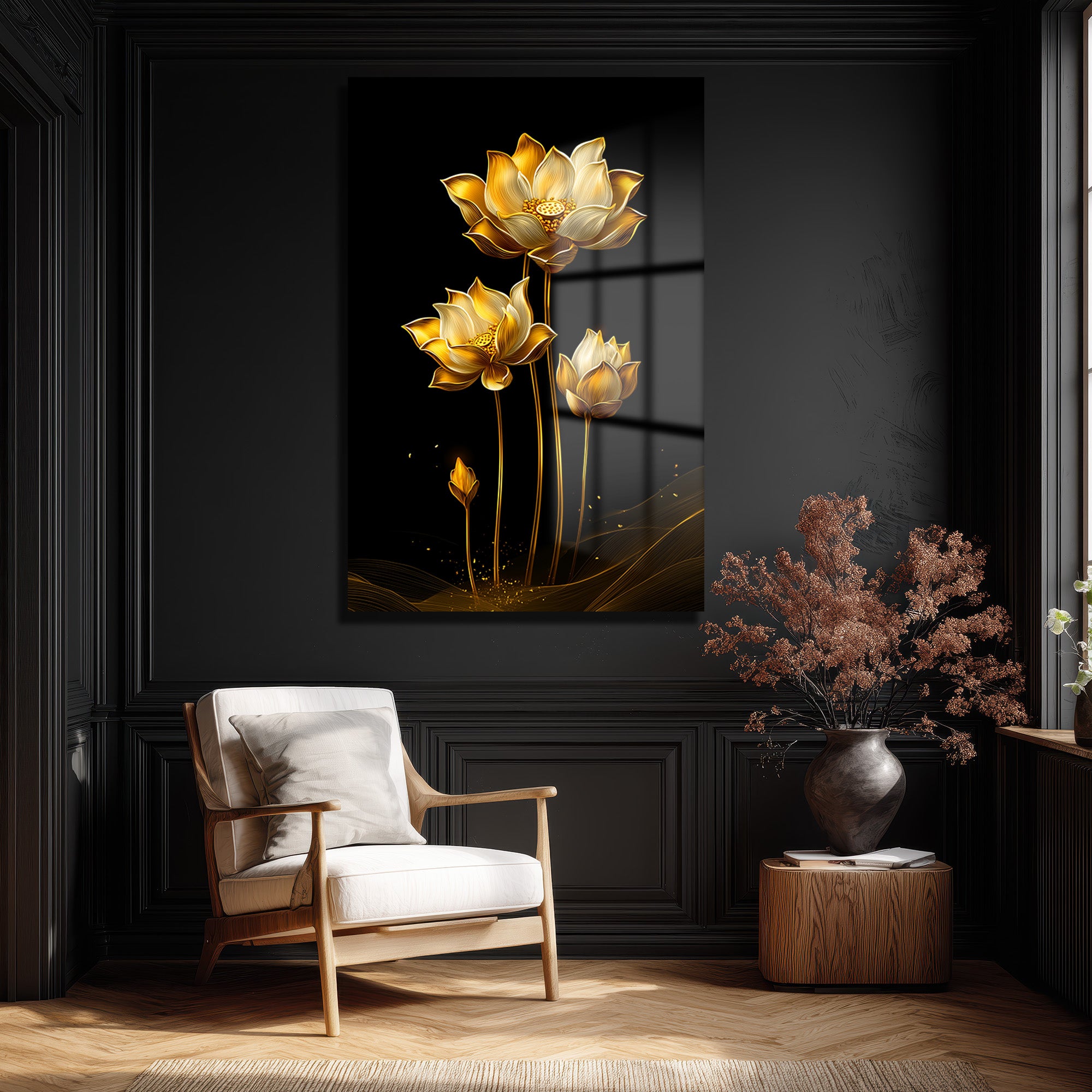Altın Lotus Zarafeti: Siyah Fonlu Modern Temperli Cam Tablo