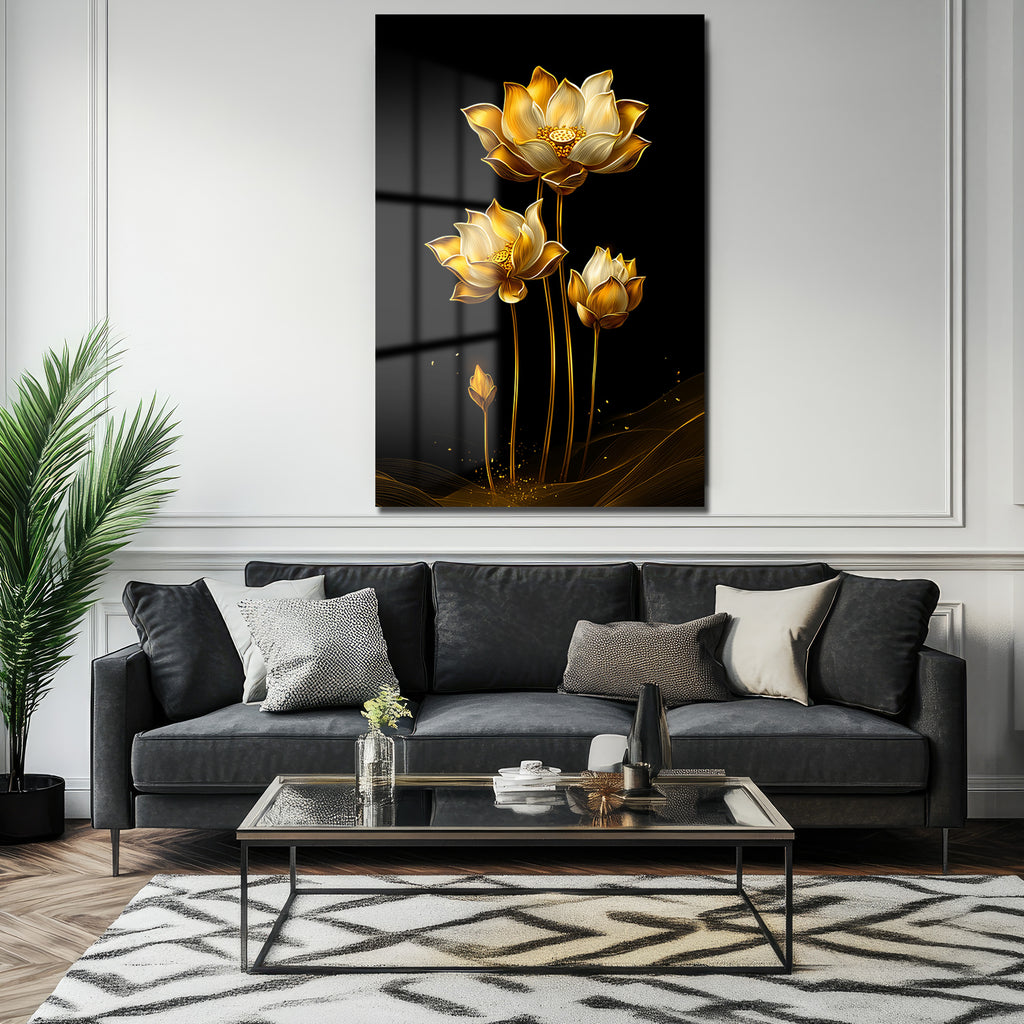 Altın Lotus Zarafeti: Siyah Fonlu Modern Temperli Cam Tablo