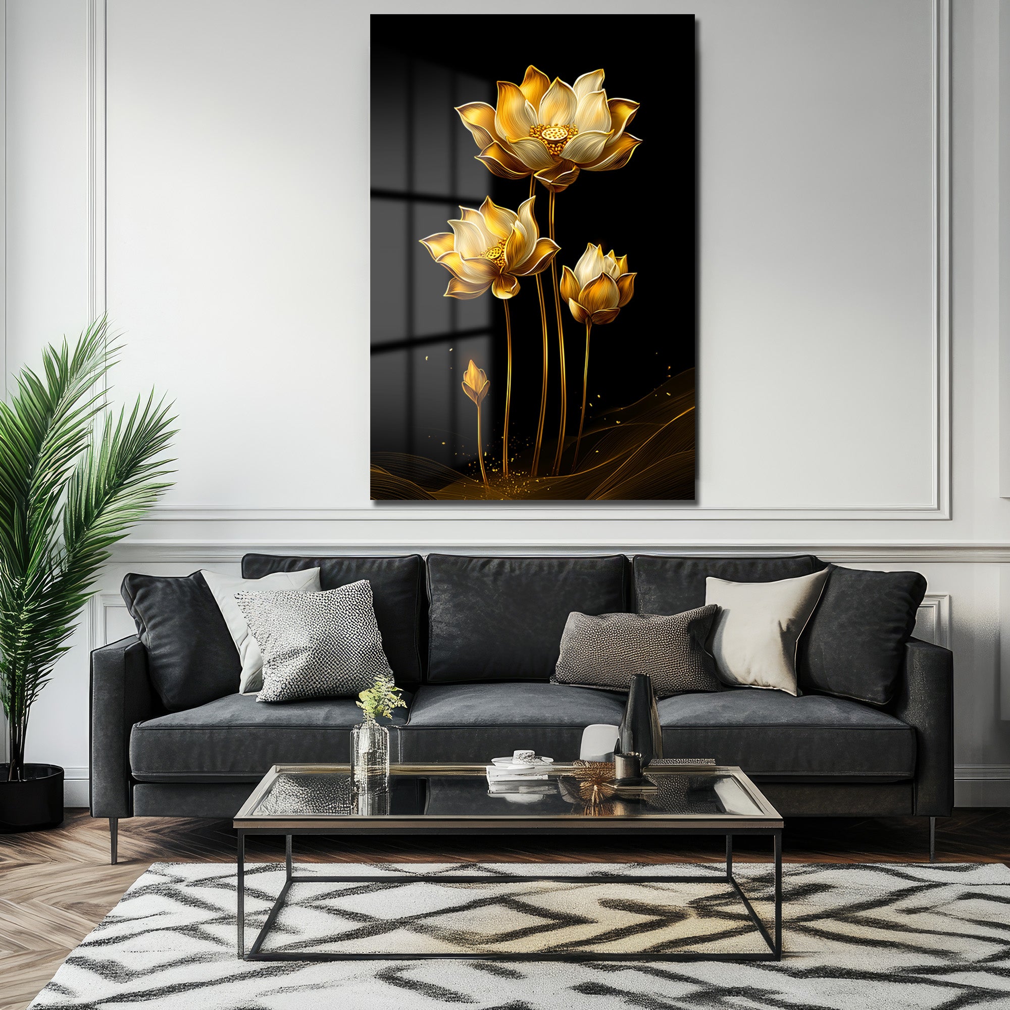 Altın Lotus Zarafeti: Siyah Fonlu Modern Temperli Cam Tablo