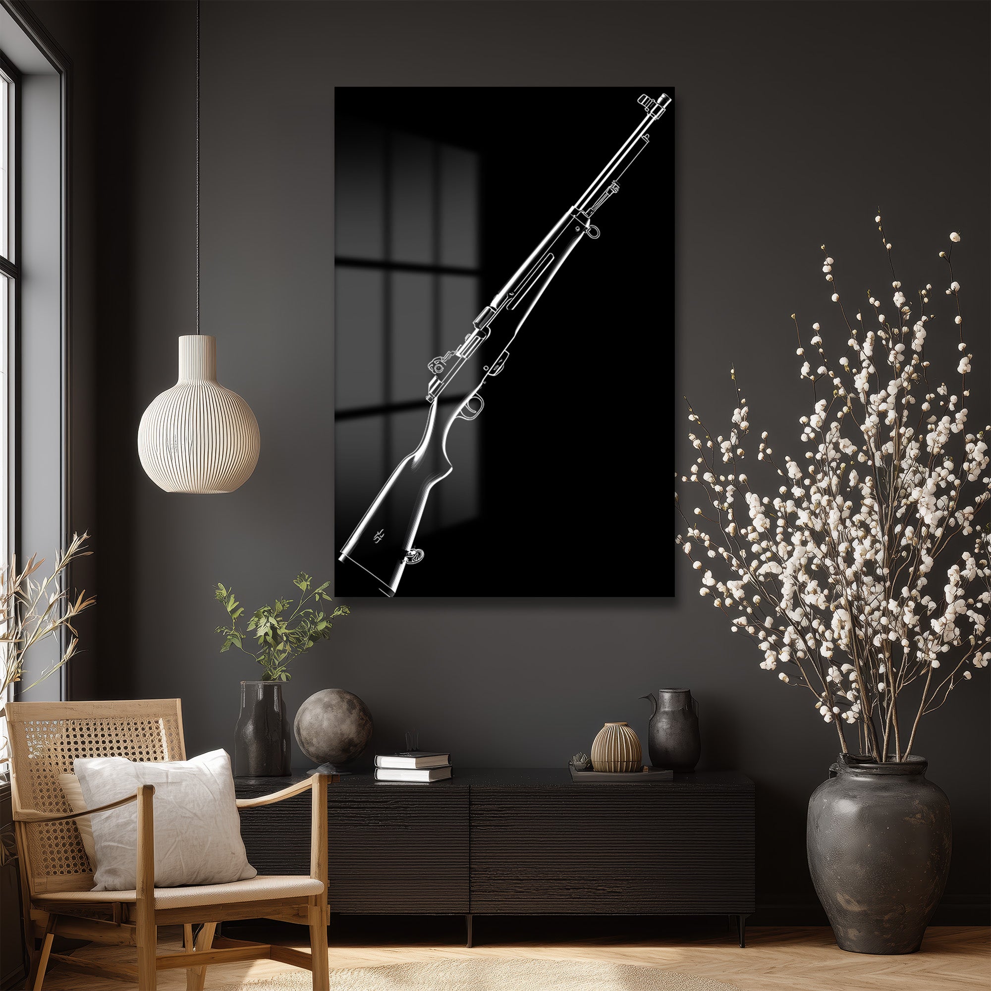 Güçlü Silüet: Minimalist Tüfek Çizimi Cam Tablo