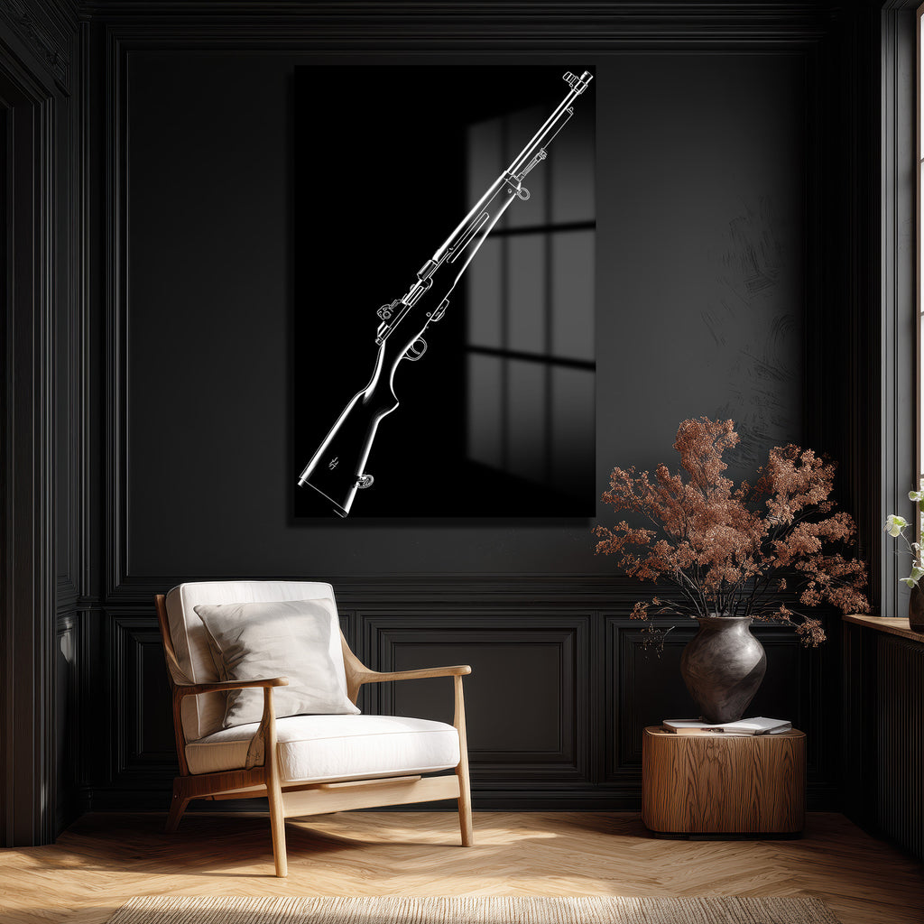 Güçlü Silüet: Minimalist Tüfek Çizimi Cam Tablo