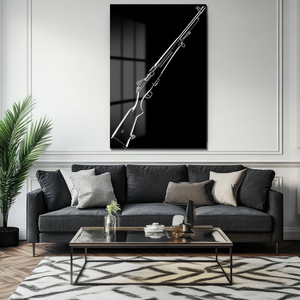 Güçlü Silüet: Minimalist Tüfek Çizimi Cam Tablo