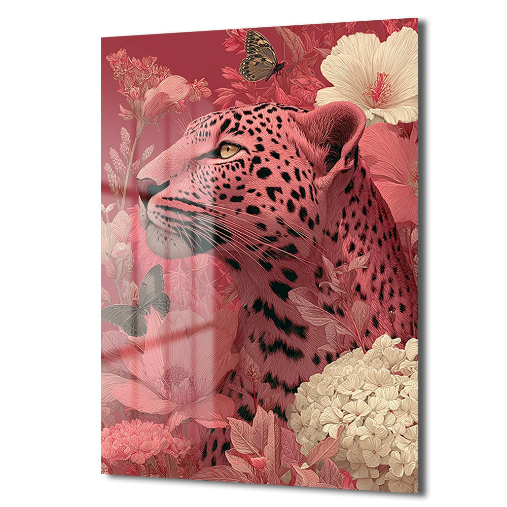 Büyüleyici Pembe Leopar: Çiçek Bahçesinde Modern Temperli Cam Tablo