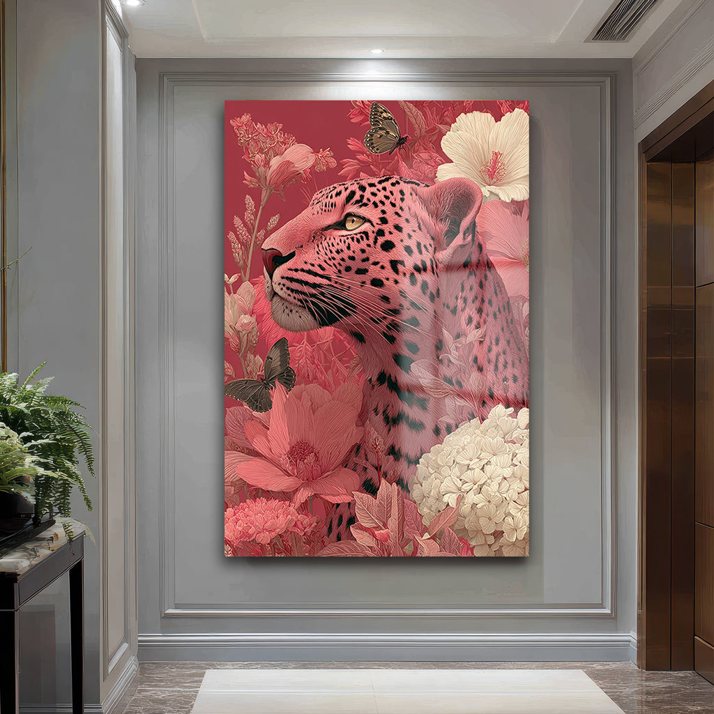Büyüleyici Pembe Leopar: Çiçek Bahçesinde Modern Temperli Cam Tablo