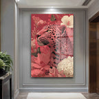 Büyüleyici Pembe Leopar: Çiçek Bahçesinde Modern Temperli Cam Tablo