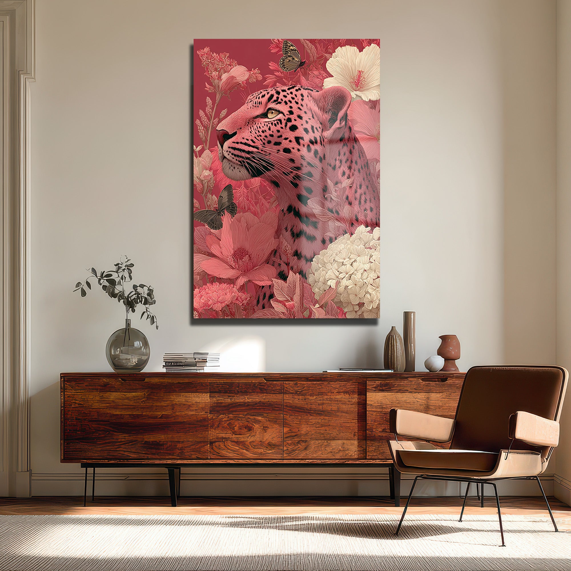 Büyüleyici Pembe Leopar: Çiçek Bahçesinde Modern Temperli Cam Tablo