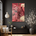 Büyüleyici Pembe Leopar: Çiçek Bahçesinde Modern Temperli Cam Tablo