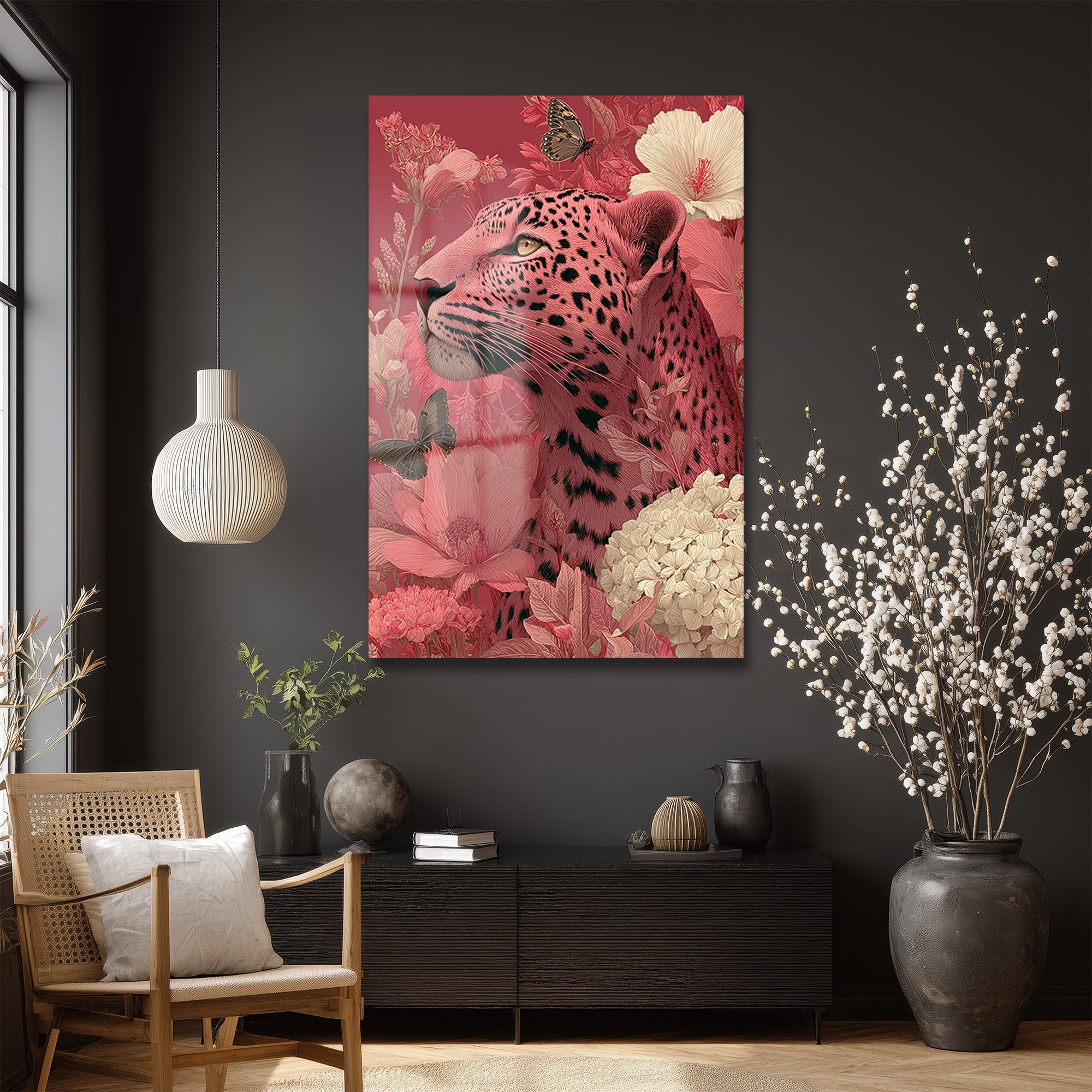 Büyüleyici Pembe Leopar: Çiçek Bahçesinde Modern Temperli Cam Tablo