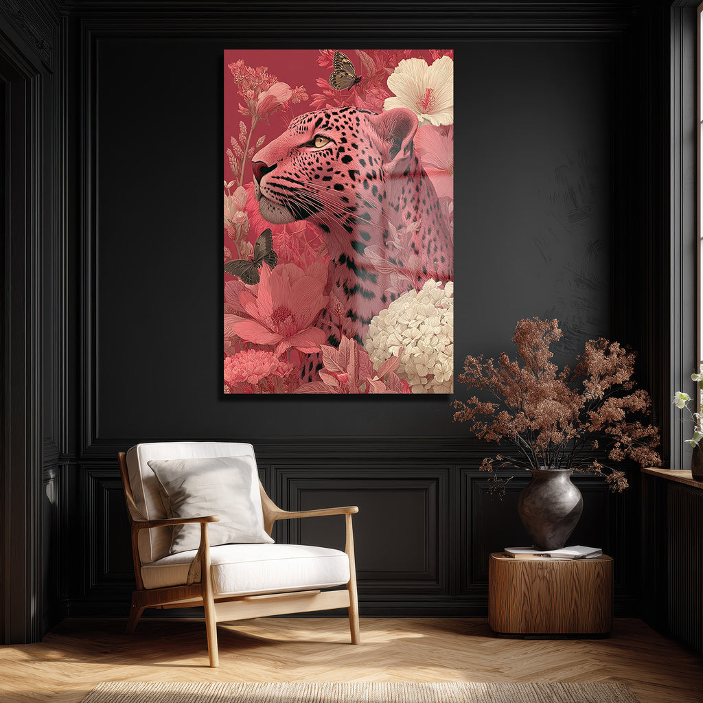 Büyüleyici Pembe Leopar: Çiçek Bahçesinde Modern Temperli Cam Tablo