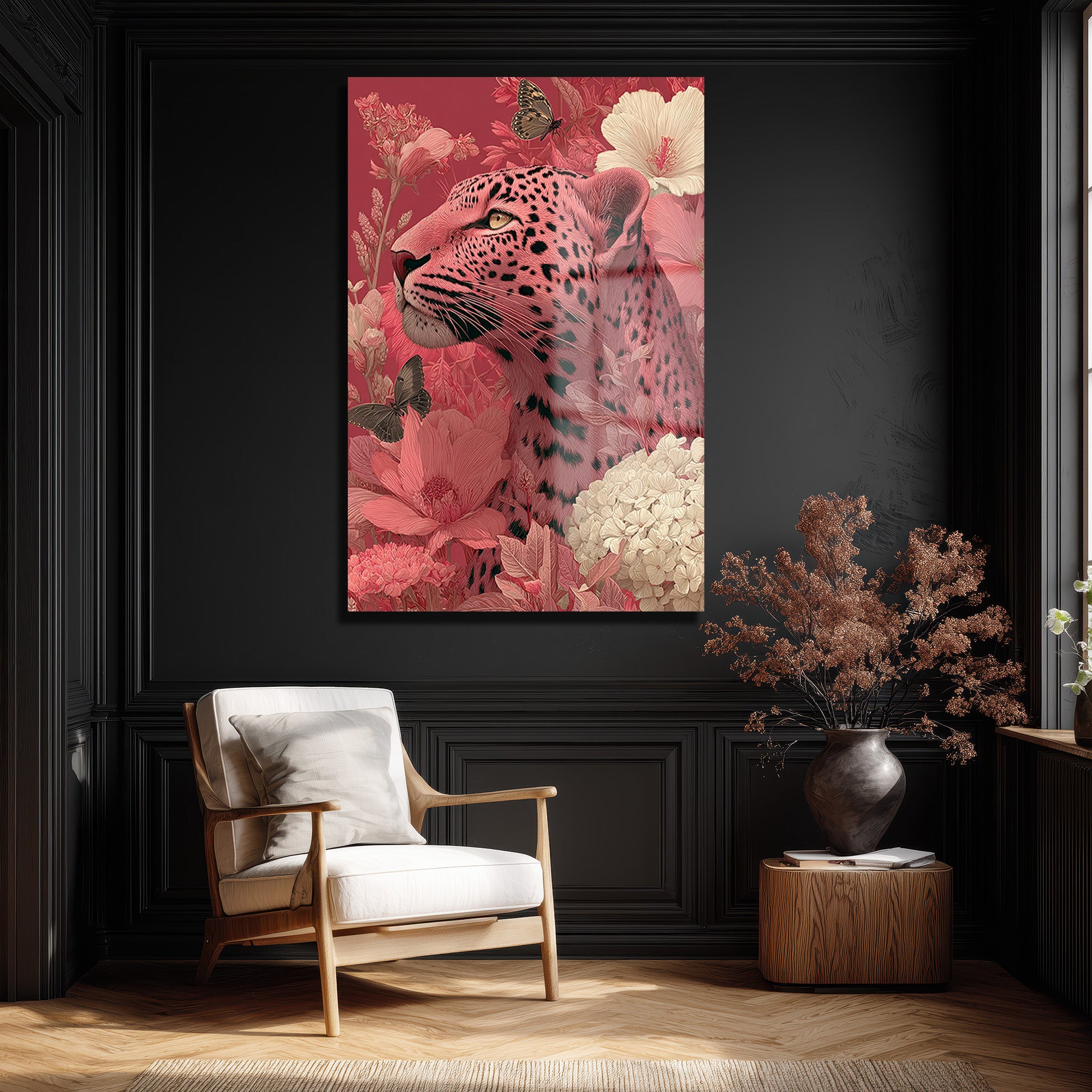 Büyüleyici Pembe Leopar: Çiçek Bahçesinde Modern Temperli Cam Tablo