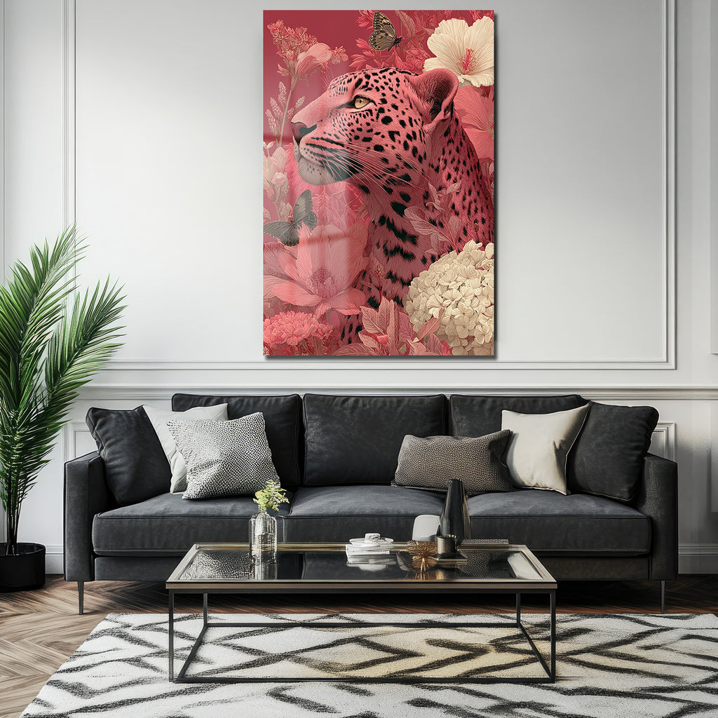 Büyüleyici Pembe Leopar: Çiçek Bahçesinde Modern Temperli Cam Tablo