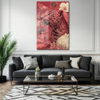 Büyüleyici Pembe Leopar: Çiçek Bahçesinde Modern Temperli Cam Tablo