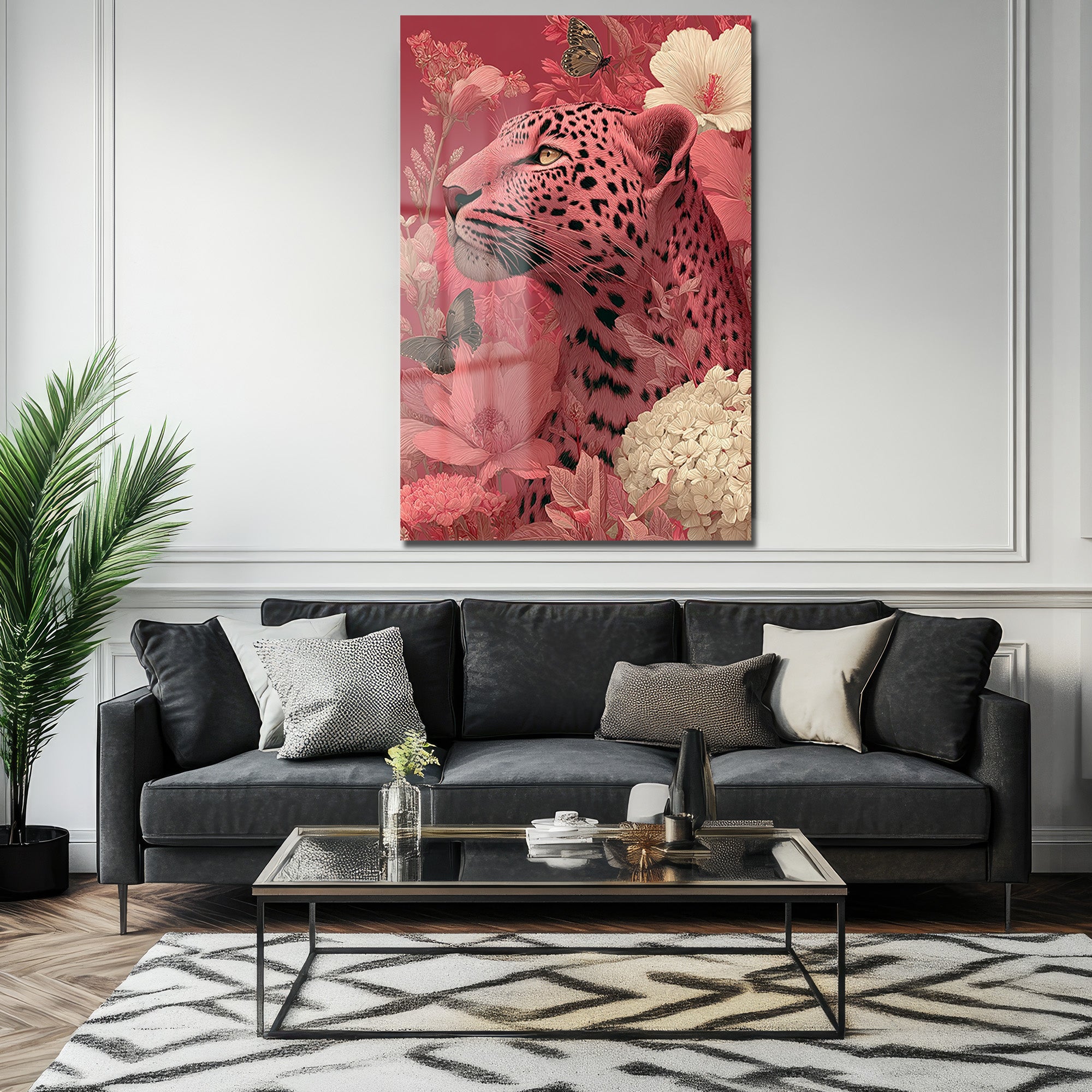 Büyüleyici Pembe Leopar: Çiçek Bahçesinde Modern Temperli Cam Tablo