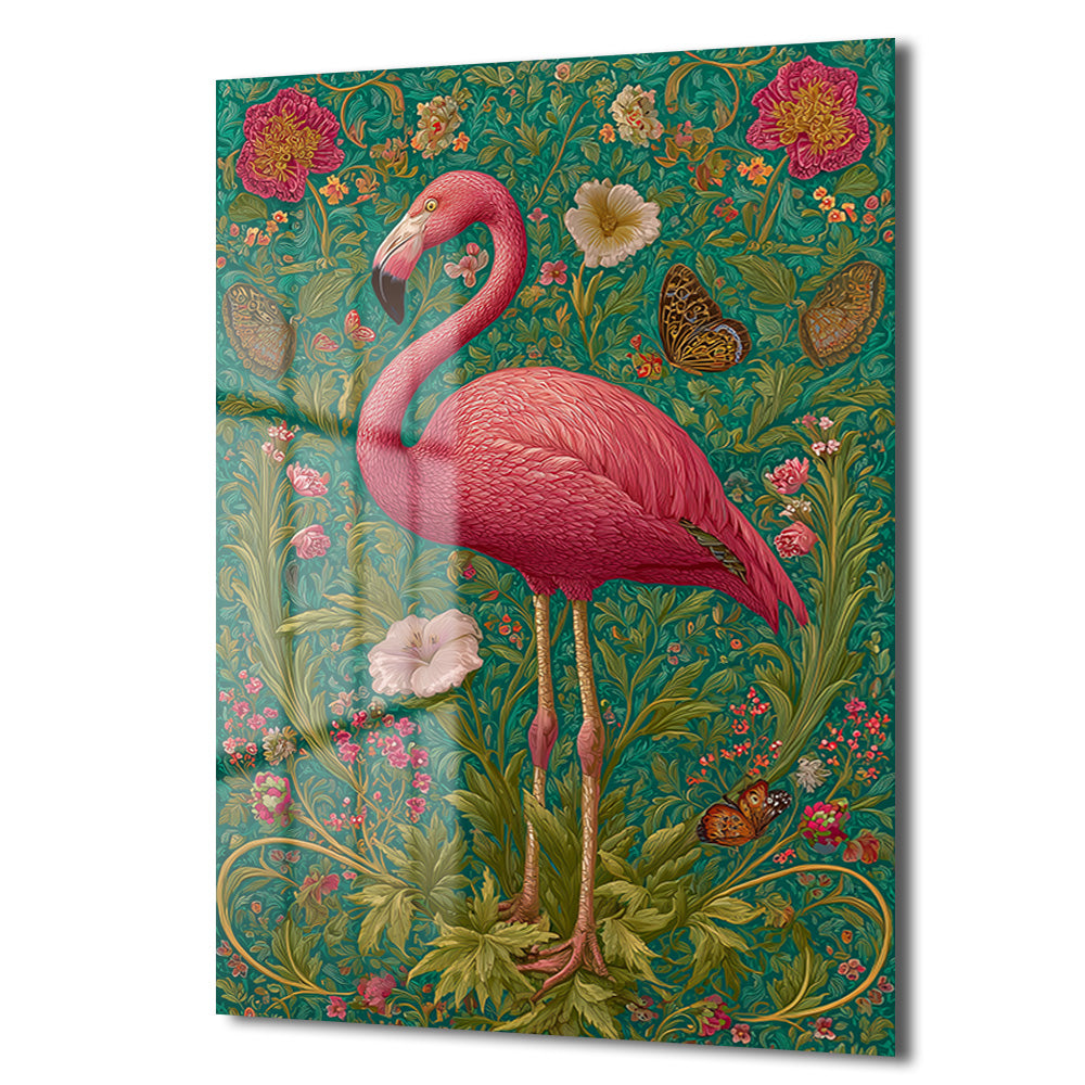 Flamingo Rüyası: Art Nouveau Tarzı Canlı Pembe Dekoratif Cam Tablo