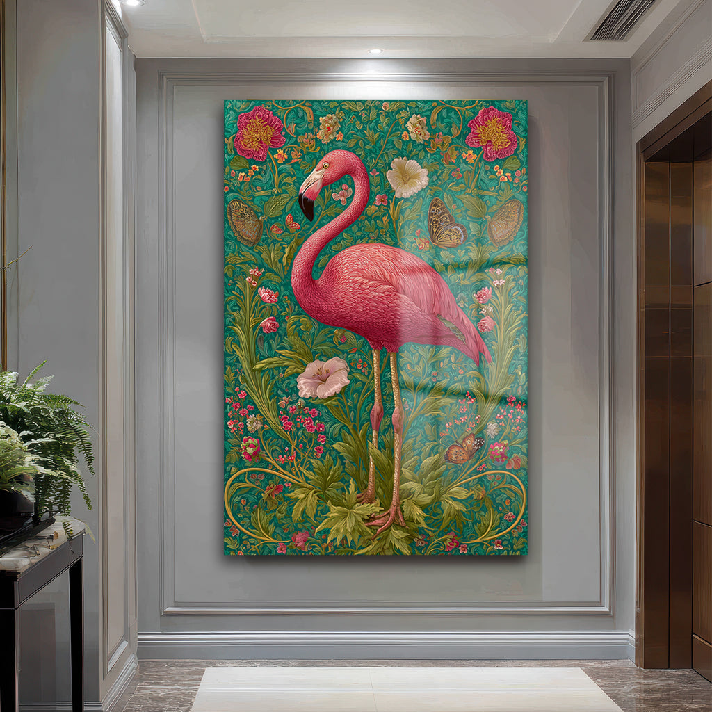 Flamingo Rüyası: Art Nouveau Tarzı Canlı Pembe Dekoratif Cam Tablo