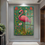 Flamingo Rüyası: Art Nouveau Tarzı Canlı Pembe Dekoratif Cam Tablo