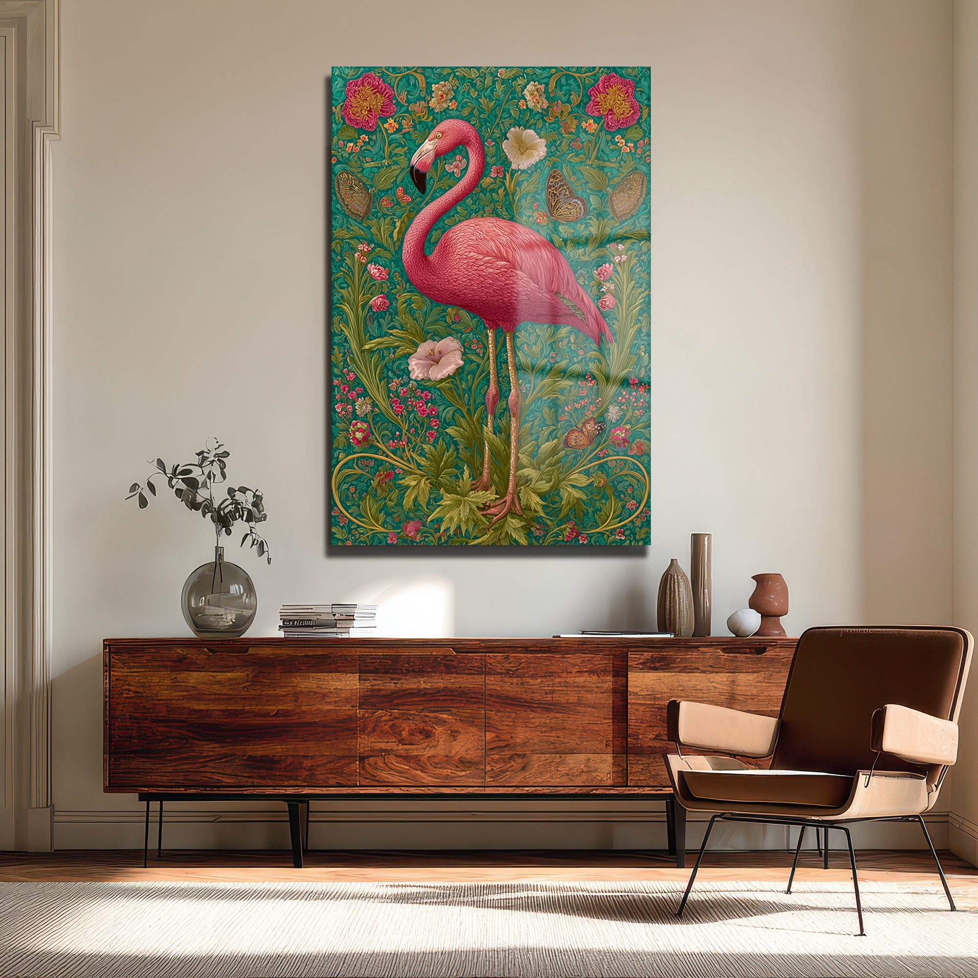 Flamingo Rüyası: Art Nouveau Tarzı Canlı Pembe Dekoratif Cam Tablo