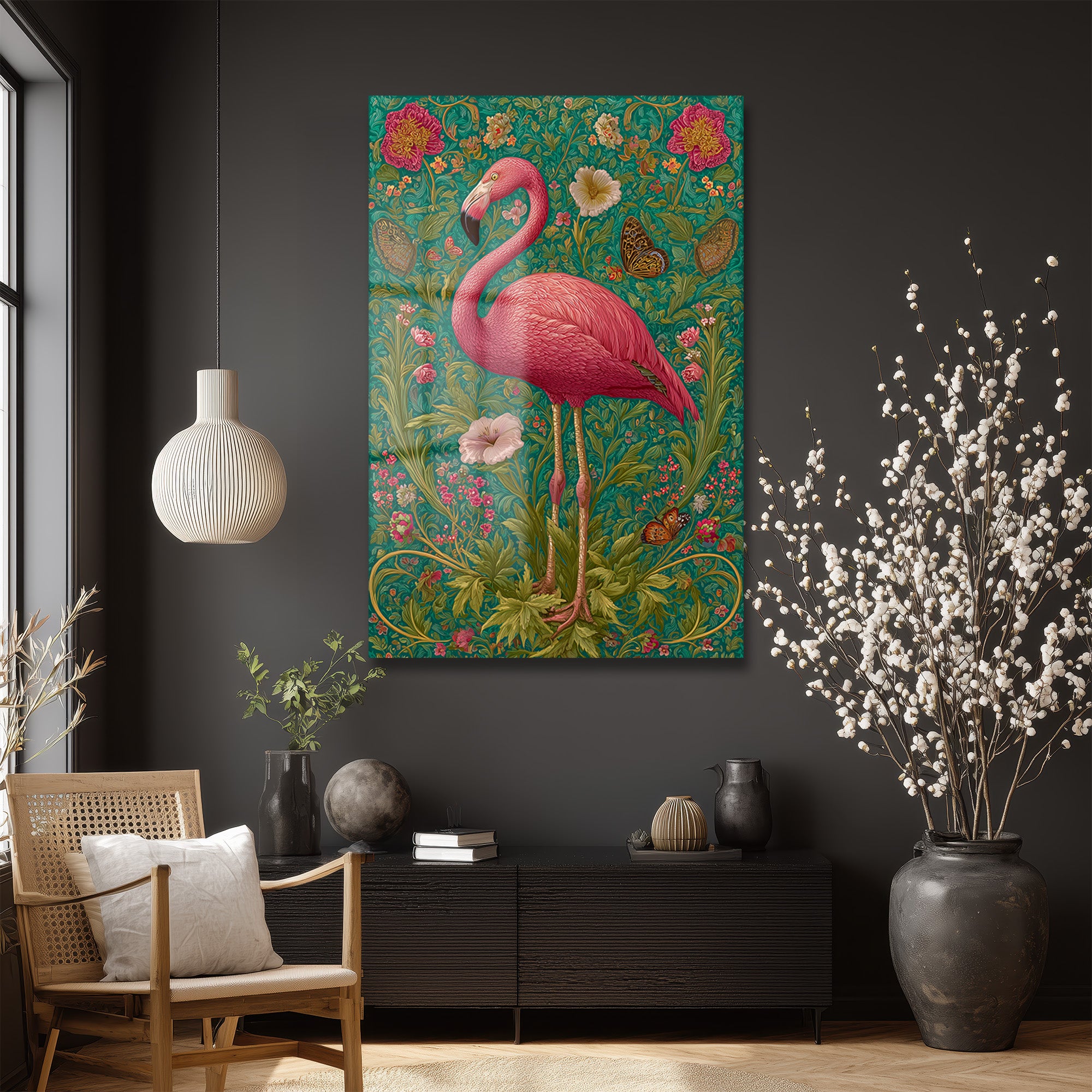 Flamingo Rüyası: Art Nouveau Tarzı Canlı Pembe Dekoratif Cam Tablo