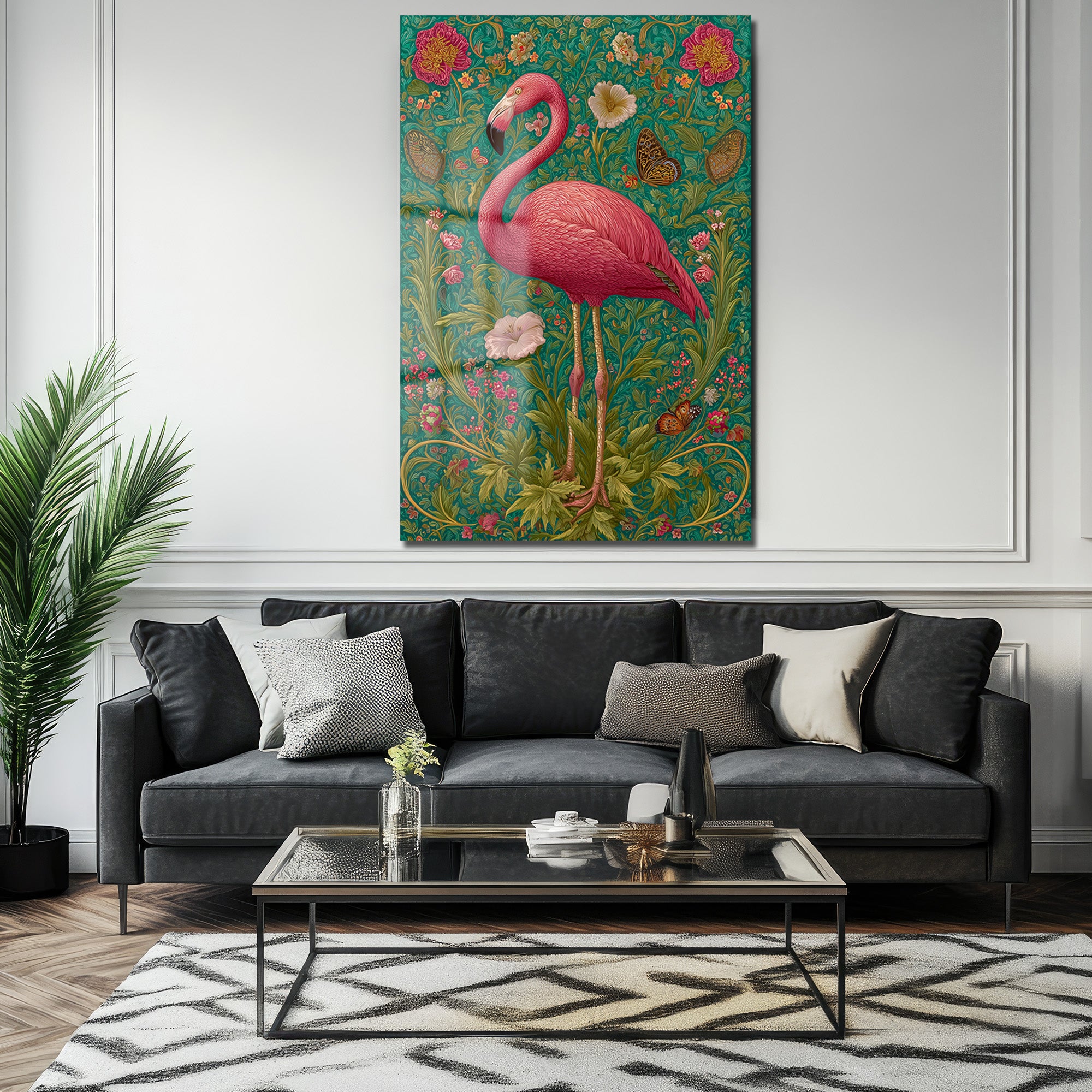 Flamingo Rüyası: Art Nouveau Tarzı Canlı Pembe Dekoratif Cam Tablo