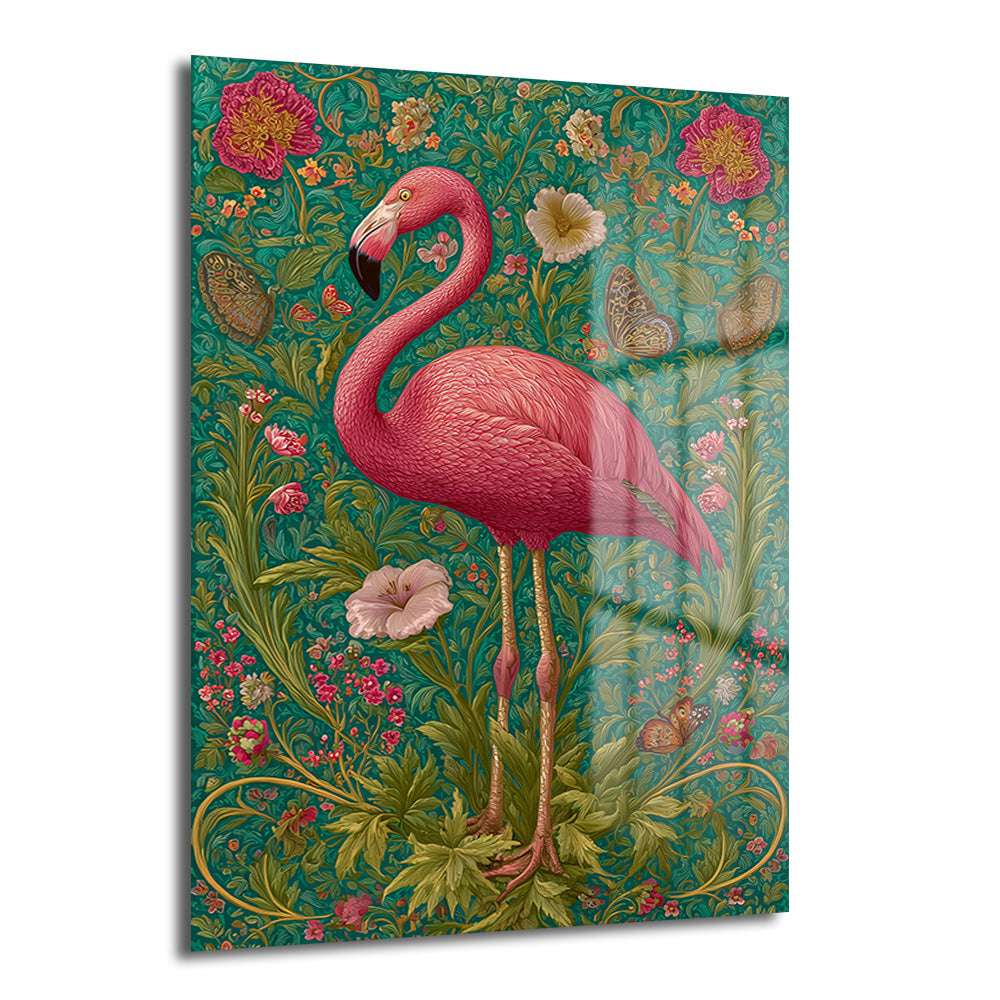 Yeşil ve pembe tonlarda, Art Nouveau esintili botanik desenlerin ortasında duran zarif pembe flamingo figürlü, parlak yüzeyli temperli cam tablo.