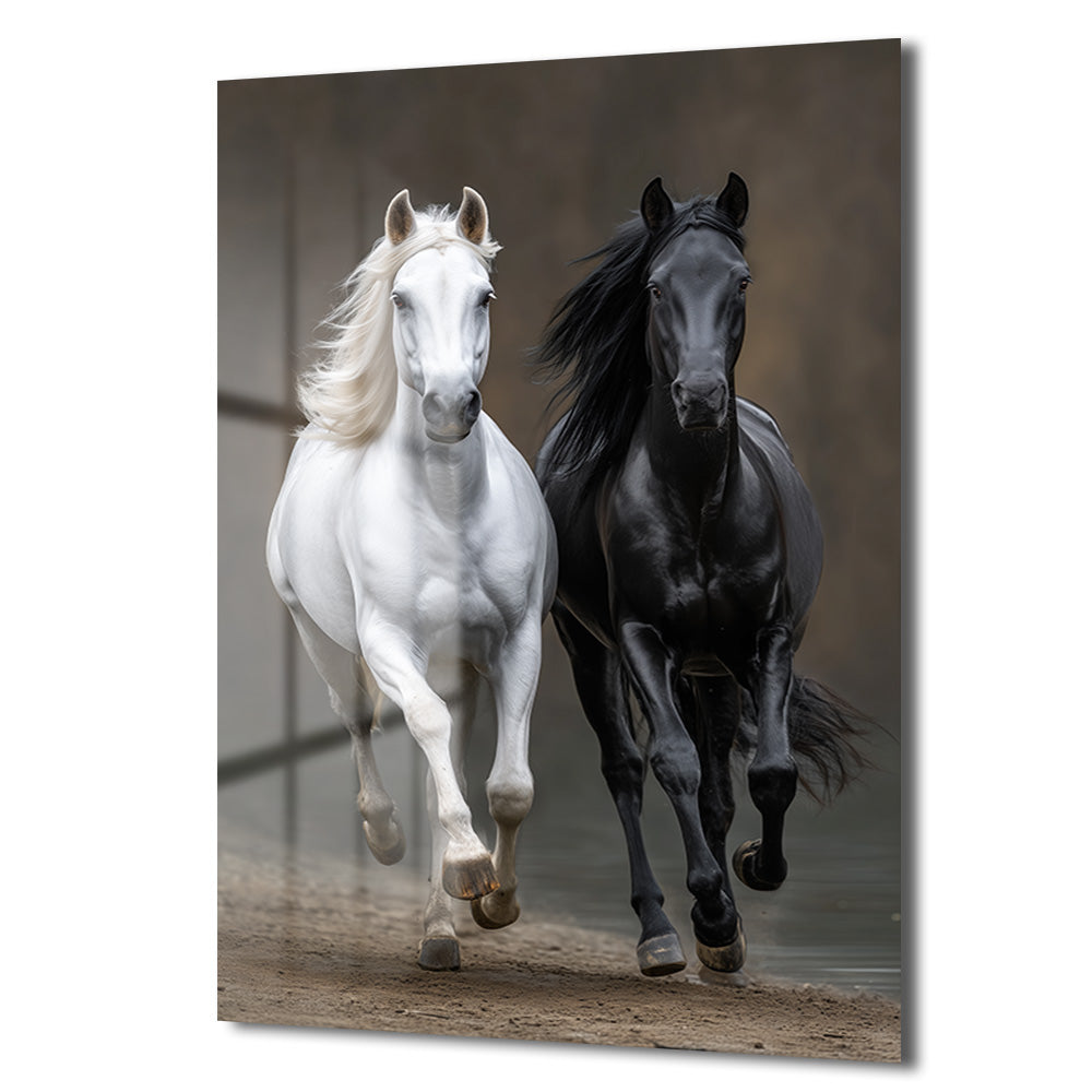 Özgür Ruhlar: Siyah Beyaz Atlar Modern Cam Tablo
