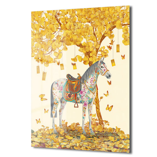 Altın Yapraklı Ginkgo ve Desenli At: Lüks Dekoratif Cam Tablo