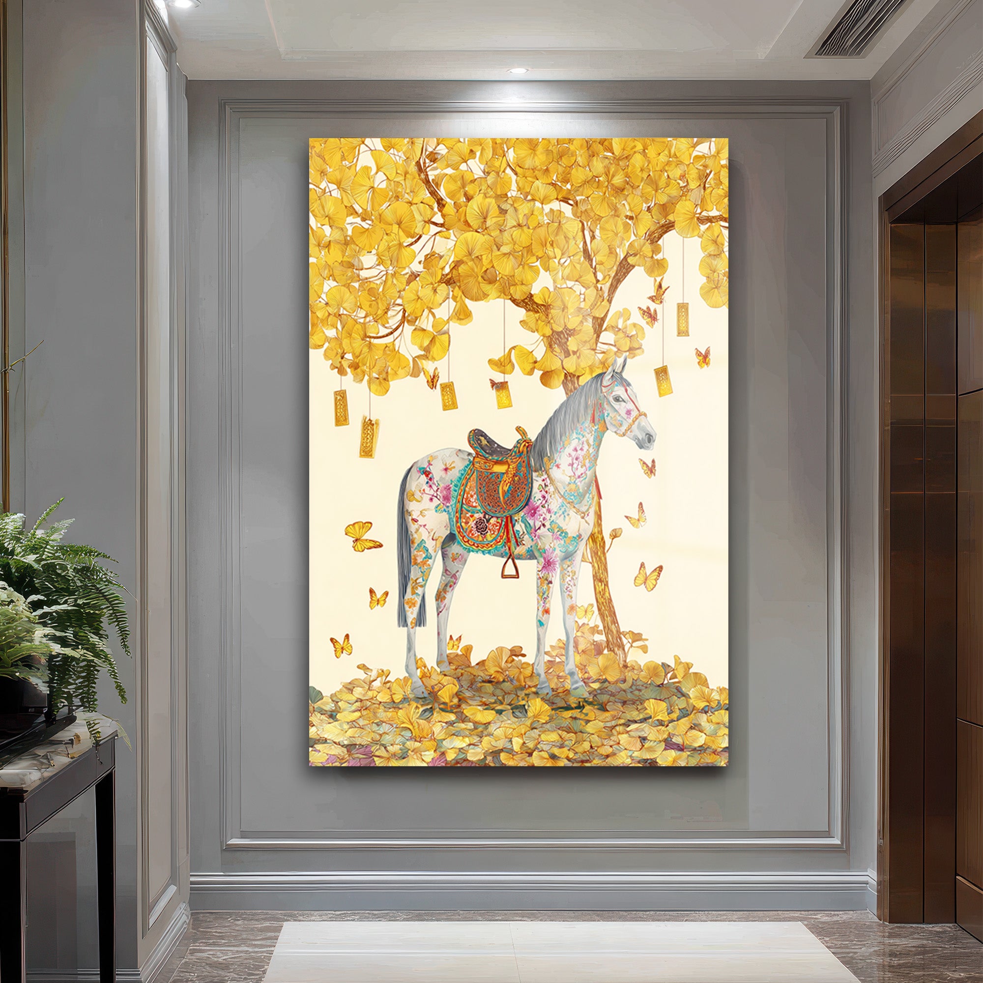 Altın Yapraklı Ginkgo ve Desenli At: Lüks Dekoratif Cam Tablo