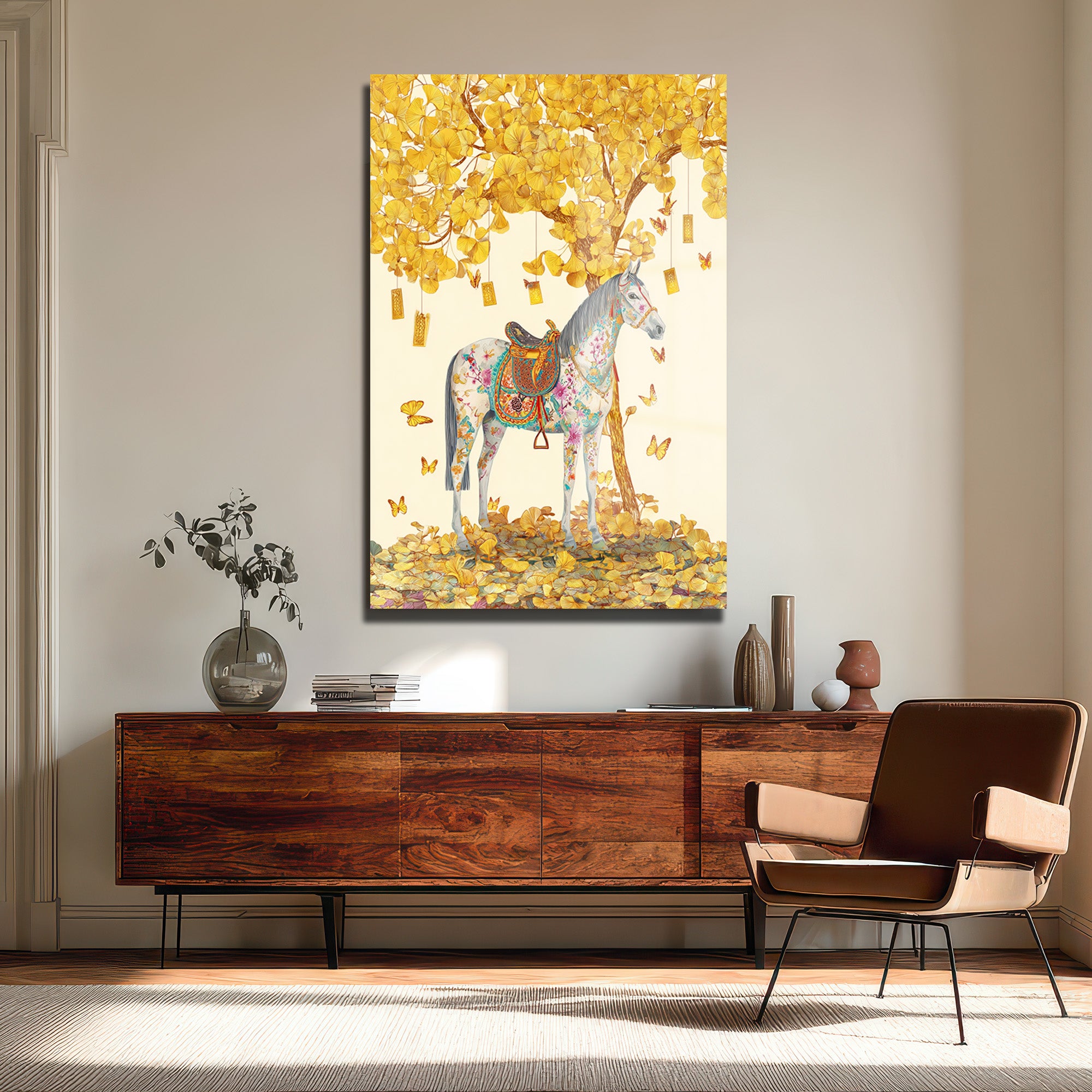 Altın Yapraklı Ginkgo ve Desenli At: Lüks Dekoratif Cam Tablo