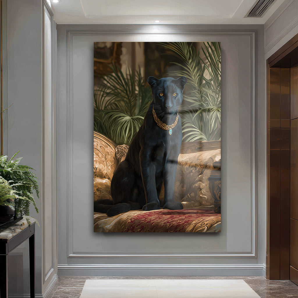 Regal Panter: Altın Kolye Detaylı Lüks Dekoratif Cam Tablo