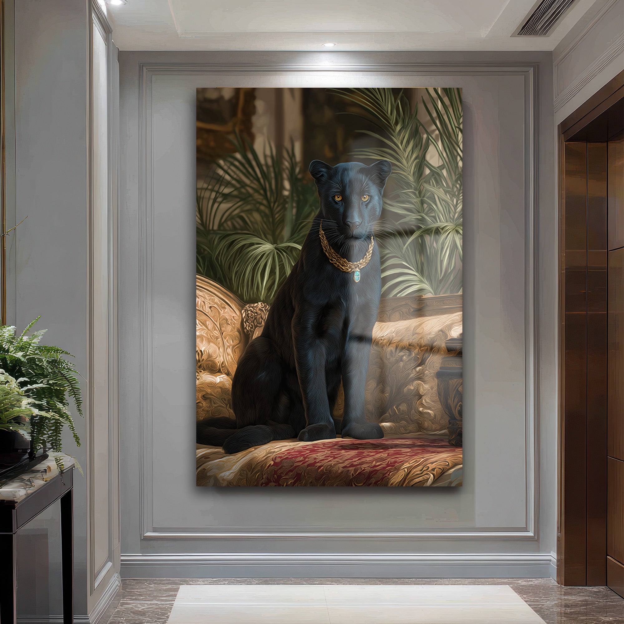 Regal Panter: Altın Kolye Detaylı Lüks Dekoratif Cam Tablo