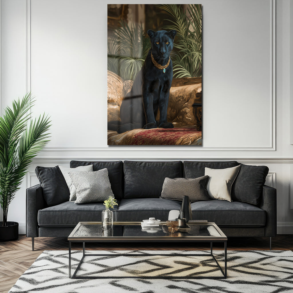 Regal Panter: Altın Kolye Detaylı Lüks Dekoratif Cam Tablo