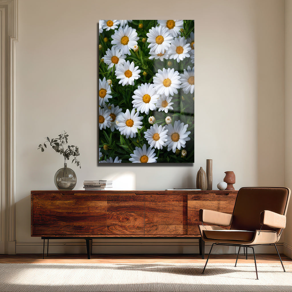 Papatya Bahçesi: Beyaz Çiçeklerin Zarafeti Dekoratif Cam Tablo