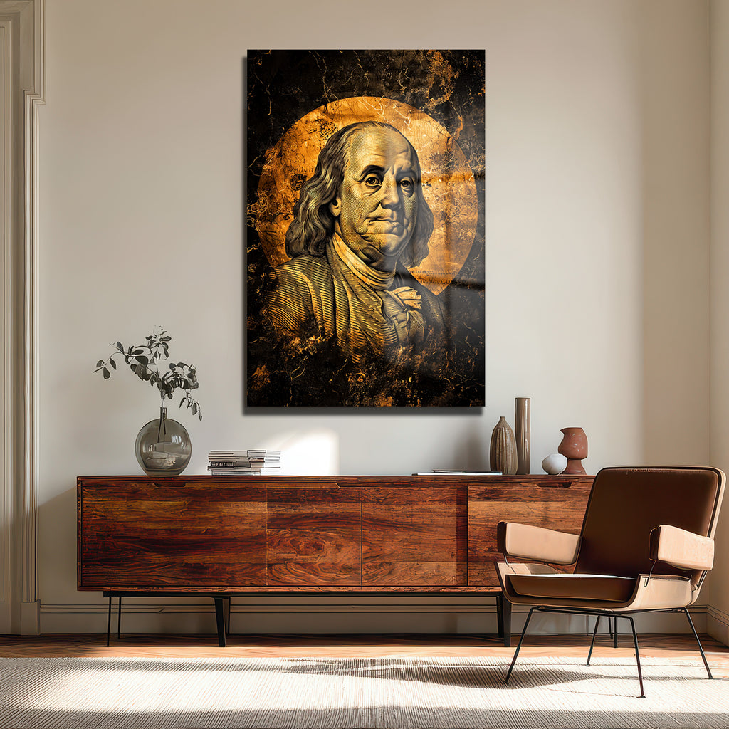Benjamin Franklin: Altın Dokunuşlu Lüks Temperli Cam Tablo