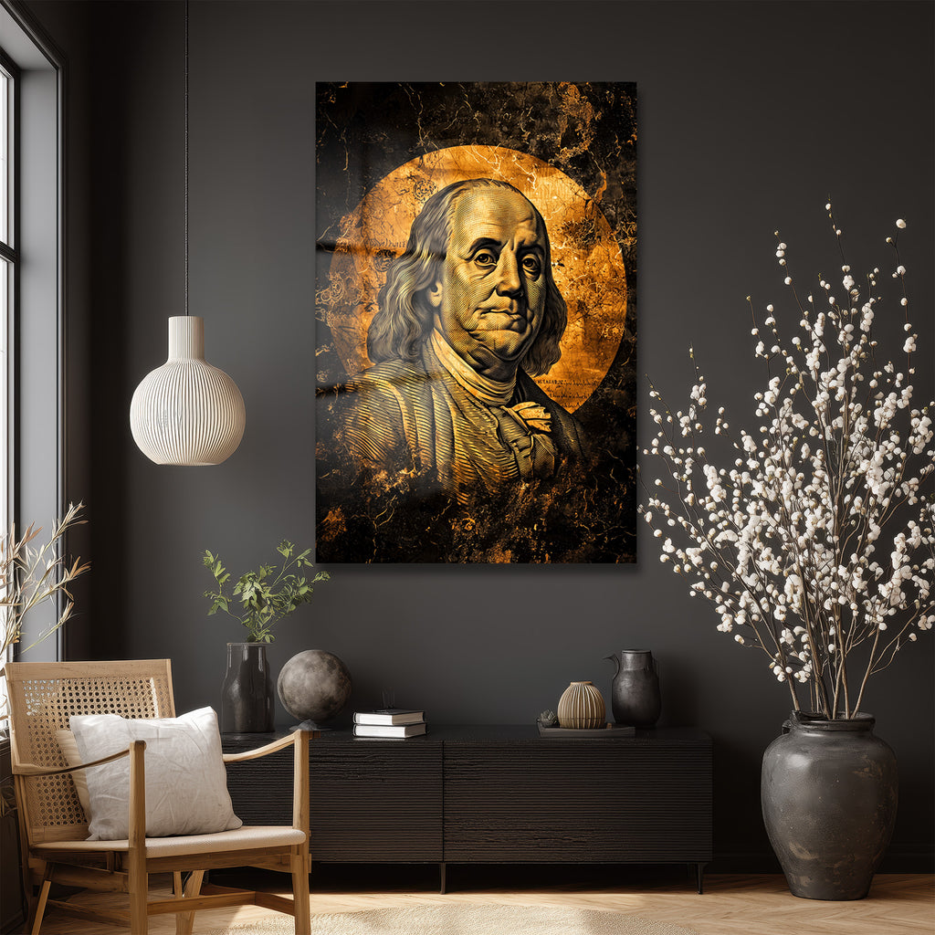Benjamin Franklin: Altın Dokunuşlu Lüks Temperli Cam Tablo