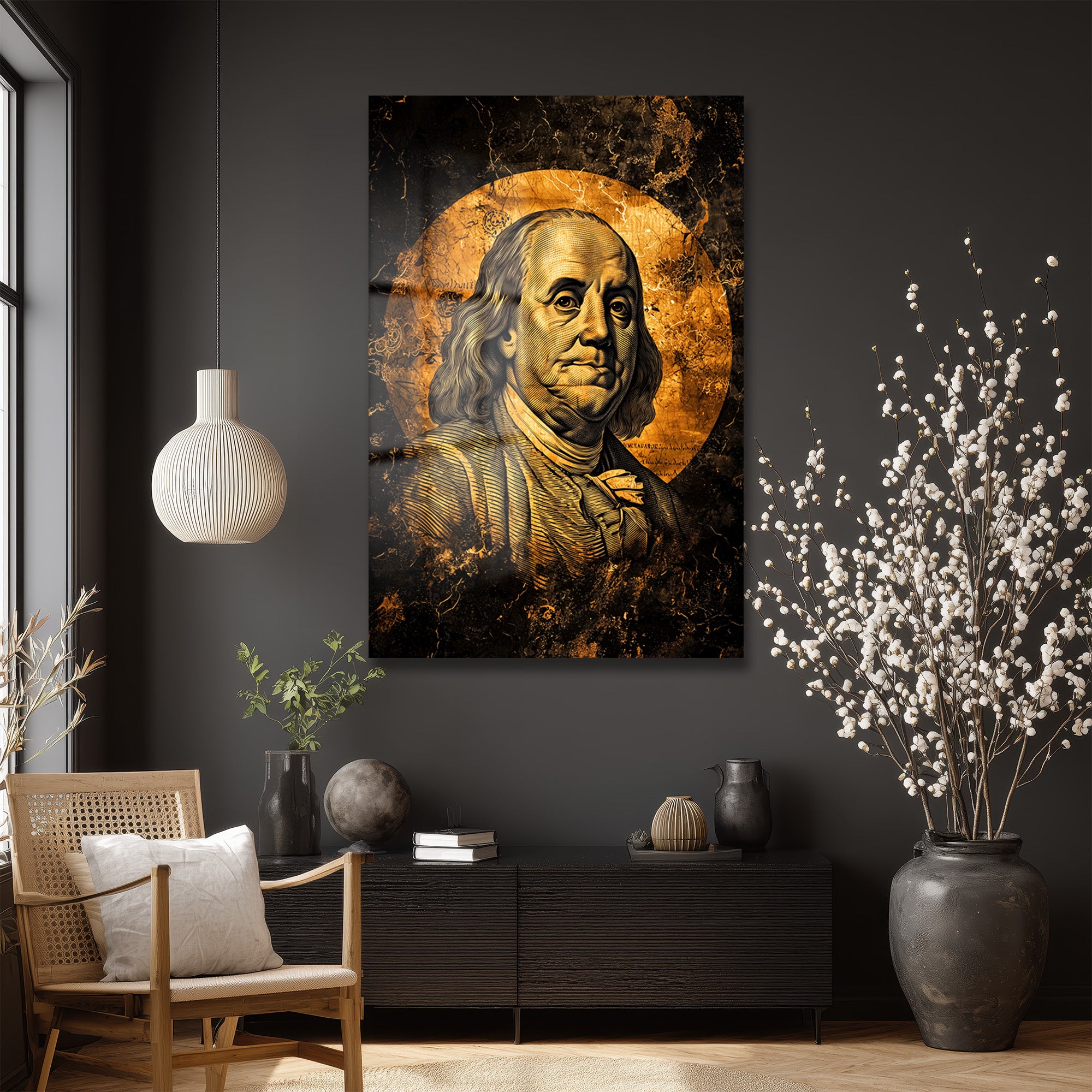 Benjamin Franklin: Altın Dokunuşlu Lüks Temperli Cam Tablo