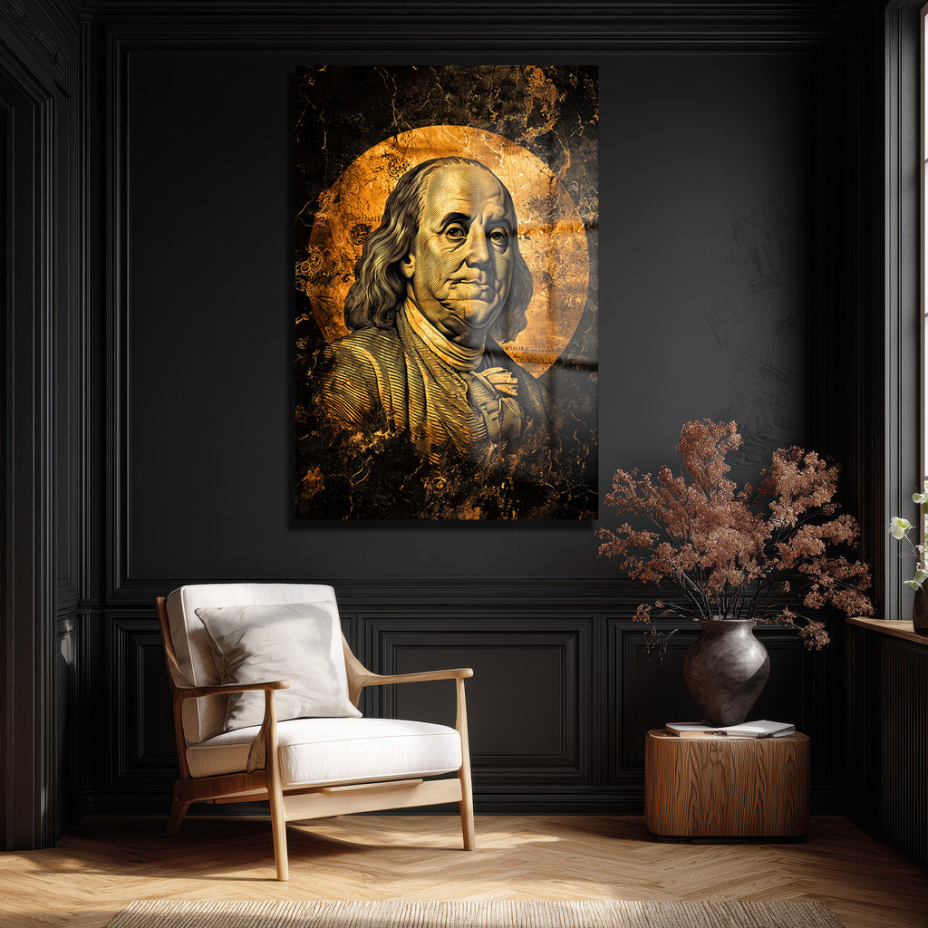 Benjamin Franklin: Altın Dokunuşlu Lüks Temperli Cam Tablo