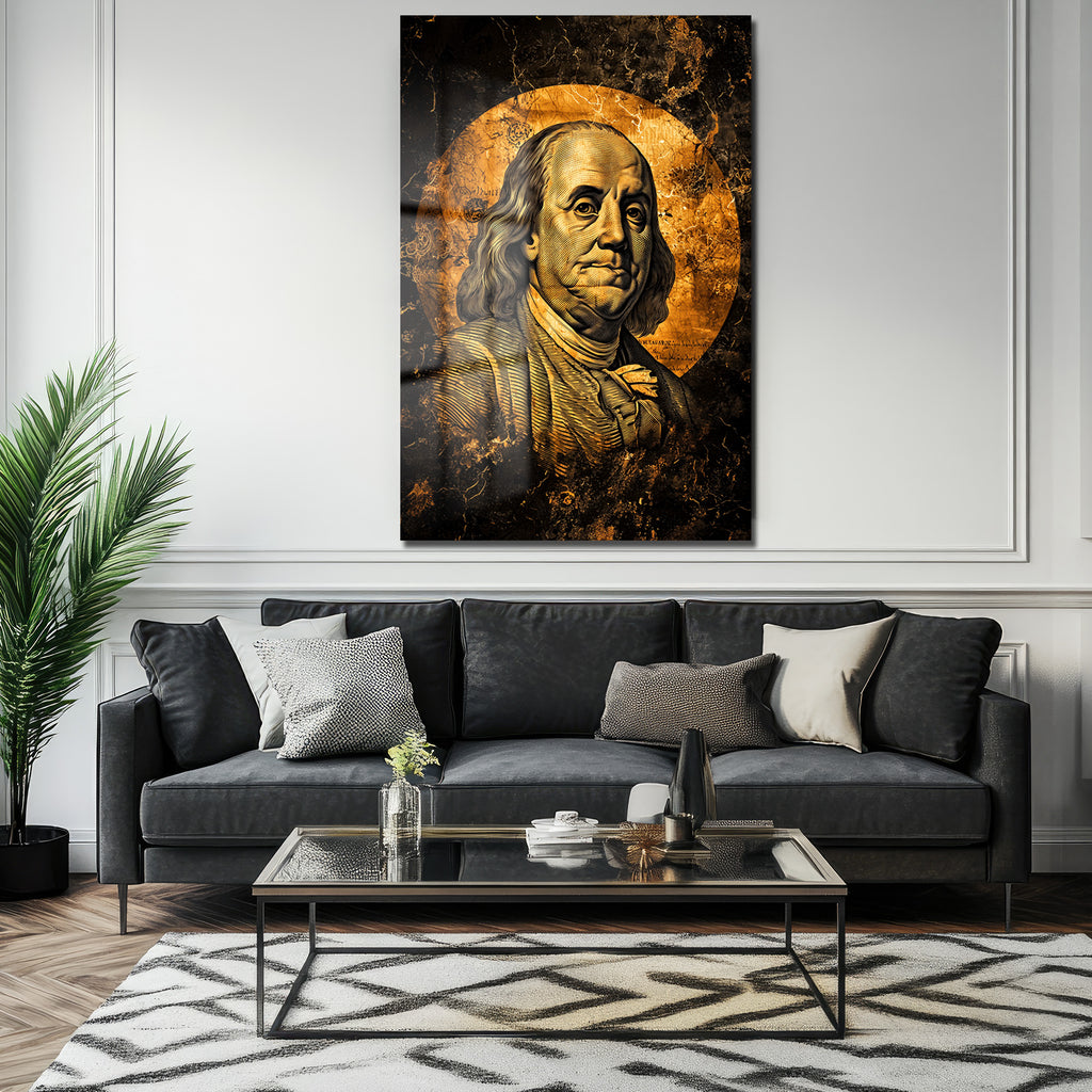 Benjamin Franklin: Altın Dokunuşlu Lüks Temperli Cam Tablo