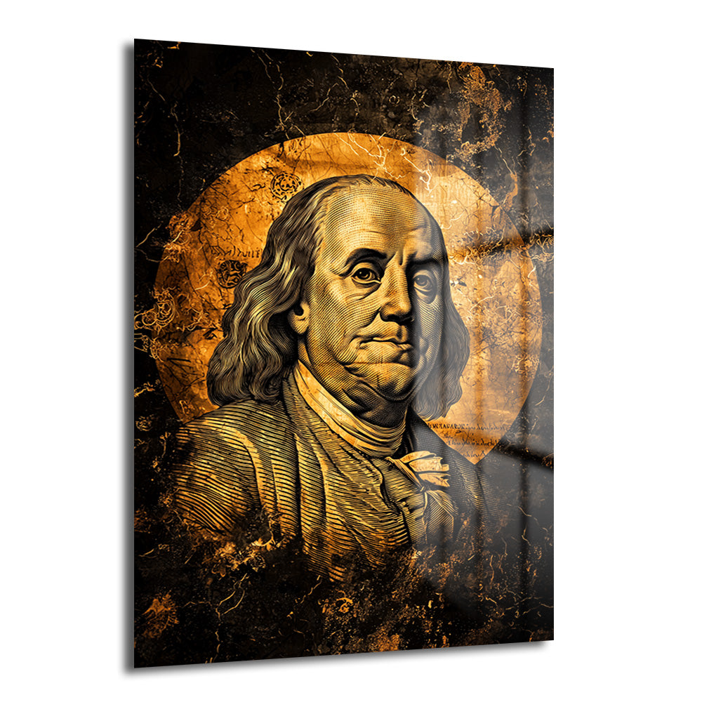 Altın ve siyah tonlarında, Benjamin Franklin portresinin yer aldığı lüks temperli cam tablo, modern ofis ve salon duvar dekorasyonu için ideal.