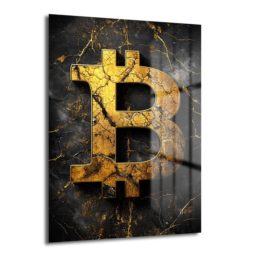 Siyah mermer dokulu arka planda, çatlak dokulu altın rengi Bitcoin sembolü bulunan modern temperli cam tablo, ofis ve salon dekorasyonu için lüks bir seçim.