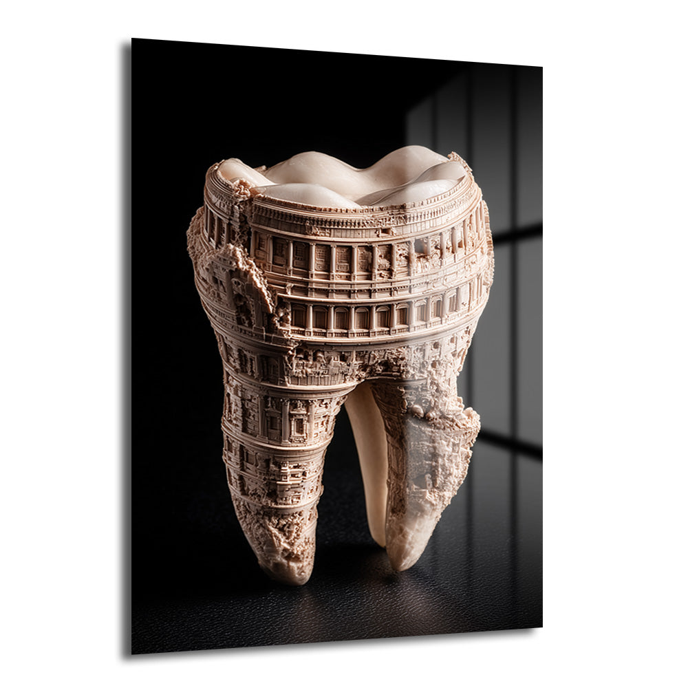 Colosseum mimarisiyle işlenmiş, detaylı bir diş heykeli şeklinde temperli cam tablo, modern ofis ve salon duvar dekorasyonu.