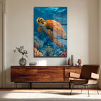 Okyanusun Kalbi: Deniz Kaplumbağası ve Mercan Resifi Temperli Cam Tablo