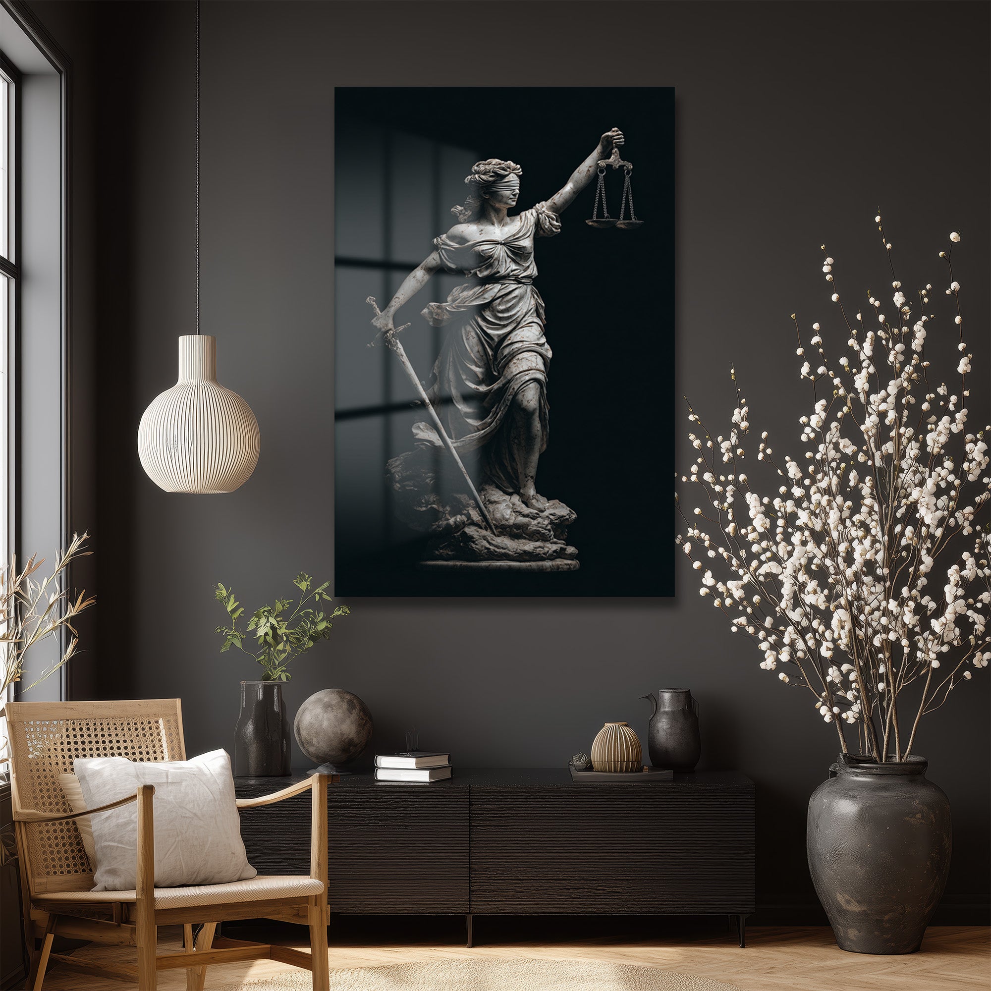 Adaletin Heybeti: Themis Heykeli Modern Cam Tablo