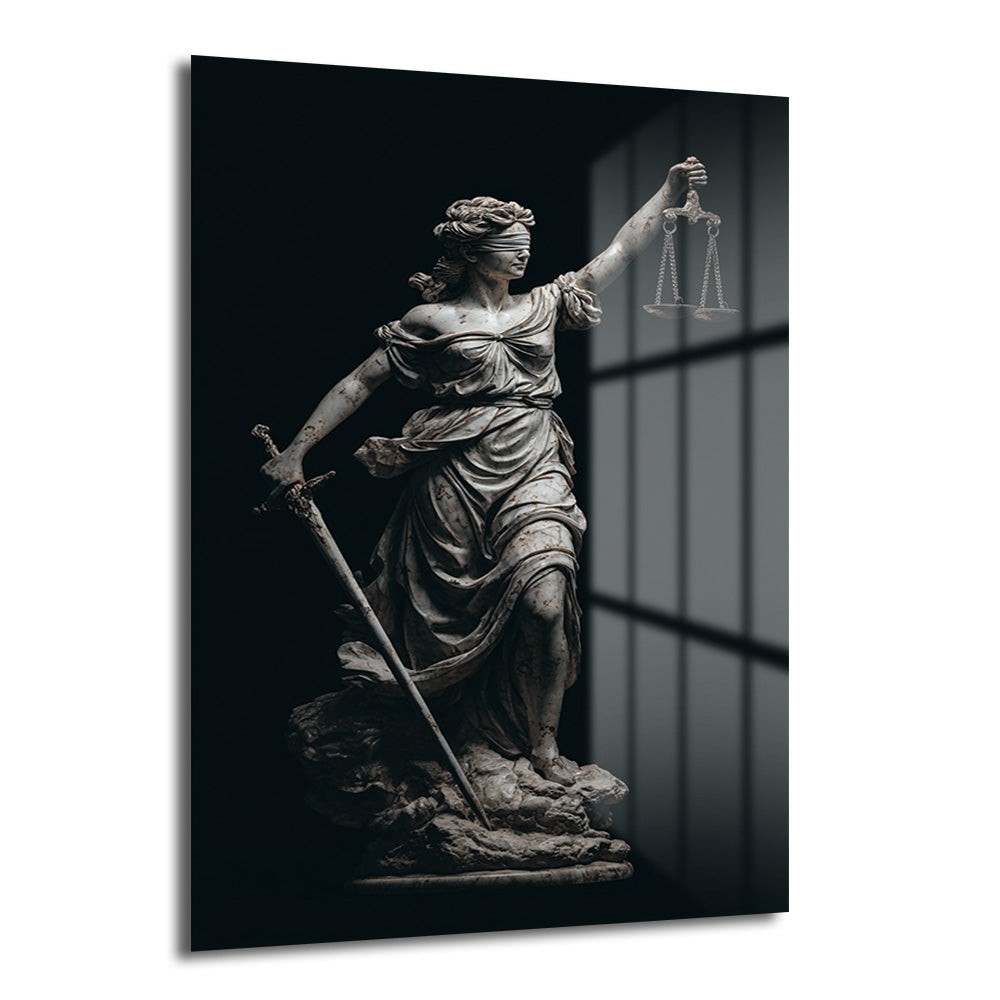 Koyu arka planda, gözleri bağlı Themis heykeli, bir elinde kılıç diğer elinde terazi tutan temperli cam tablo, ofis ve salon duvar dekorasyonu için ideal.