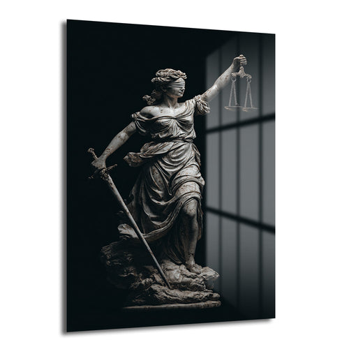 Koyu arka planda, gözleri bağlı Themis heykeli, bir elinde kılıç diğer elinde terazi tutan temperli cam tablo, ofis ve salon duvar dekorasyonu için ideal.