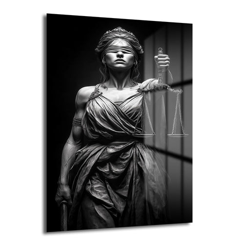 Gözleri bağlı Adalet Tanrıçası Lady Justice heykelini gösteren siyah beyaz temperli cam tablo, hukuk bürosu ve modern ofis duvar dekorasyonu için ideal.