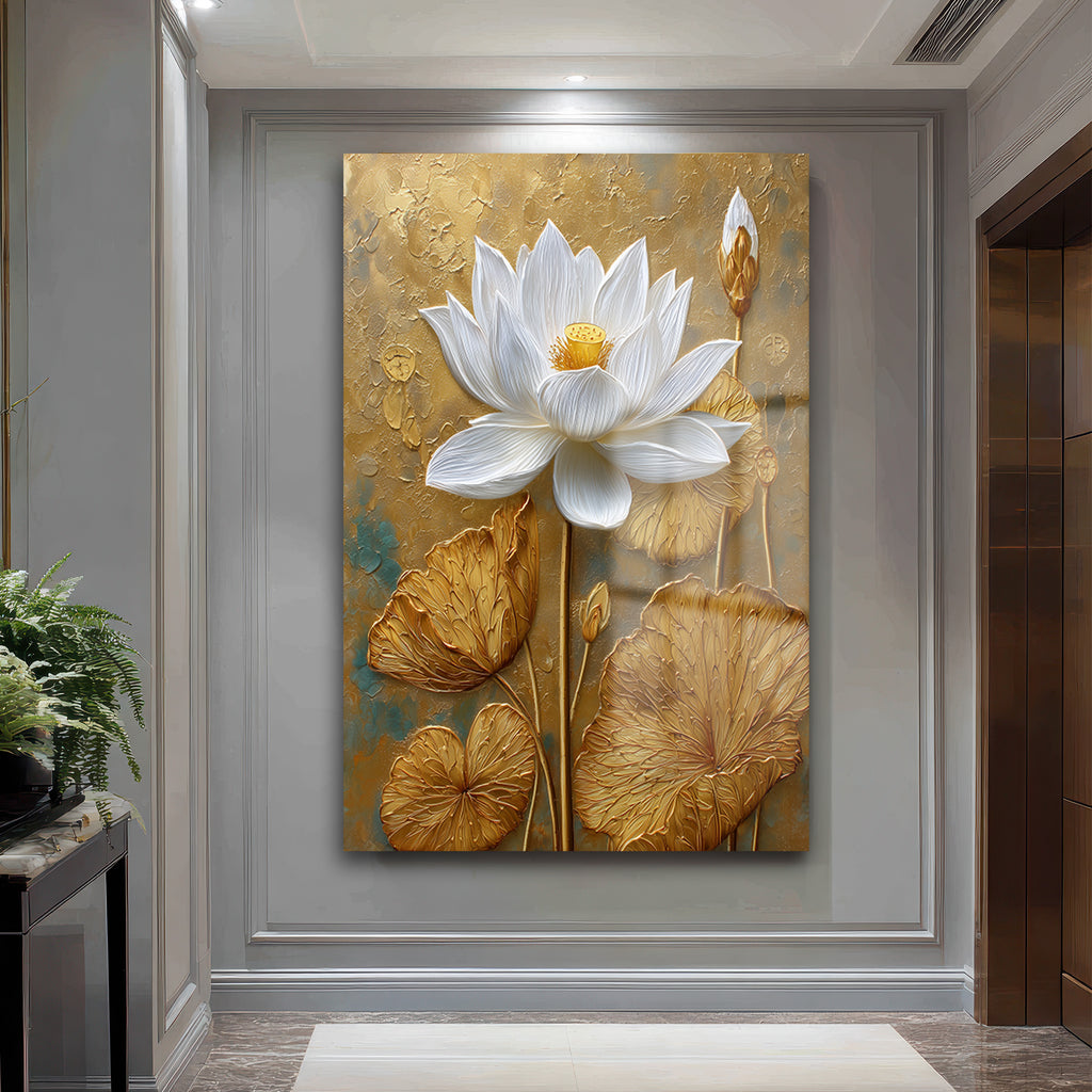 Zarafet ve Işıltı: Beyaz Lotus ve Altın Dokulu Modern Cam Tablo