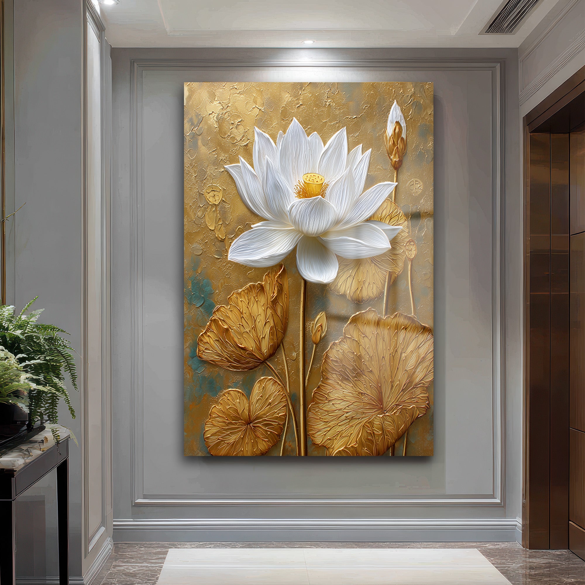 Zarafet ve Işıltı: Beyaz Lotus ve Altın Dokulu Modern Cam Tablo